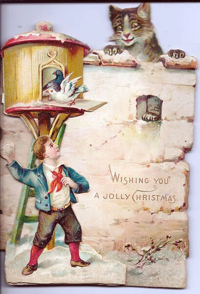 Boy with cat and birds on a cutout Christmas card
