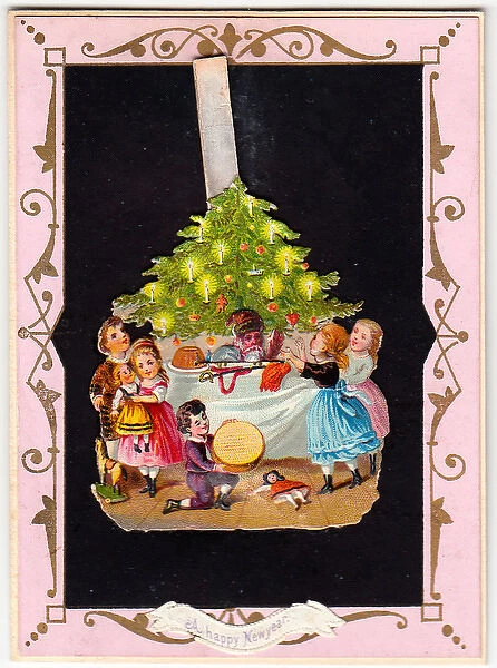 Children and Christmas tree on a New Year card