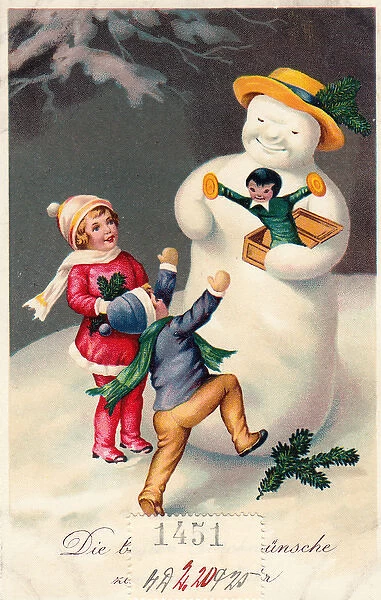 Children with snowman on a German Christmas postcard