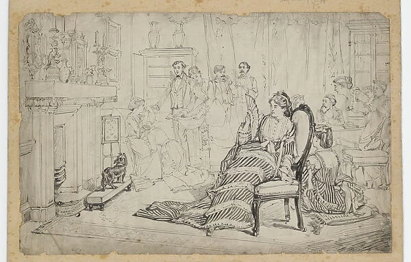 Forfeits. Pen and ink drawing depicting a game of Forfeits being played in a drawing room