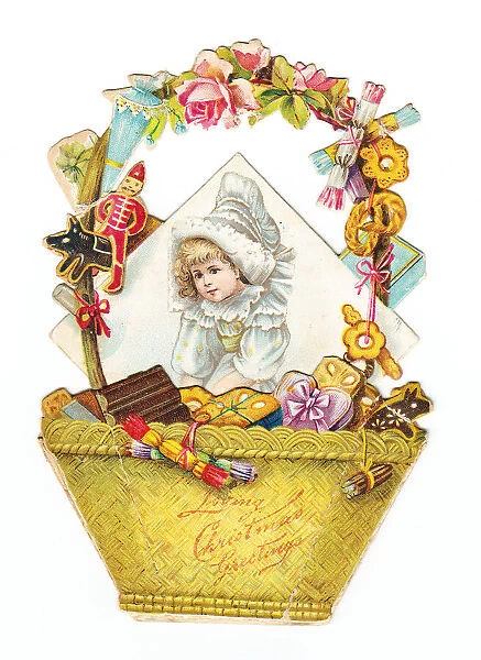 Girl with a basket of toys on a cutout Christmas card