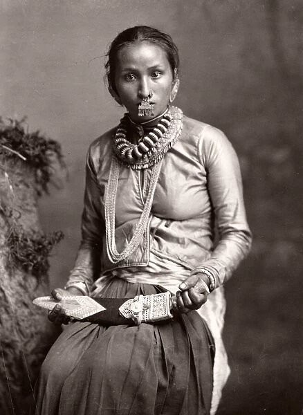 Indian girl with jewellery, nose ring and dagger, India, c. 1880 s