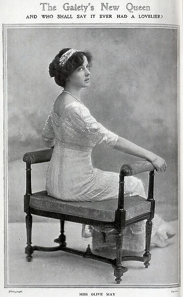 Olive May, actress and Gaiety Girl (1886-1947), formal studio portrait on boudoir chair. Olive Mary Meatyard married into the peerage twice, to Lord Victor Paget in 1913, then following their divorce, to the 10th Earl of Drogheda in 1922