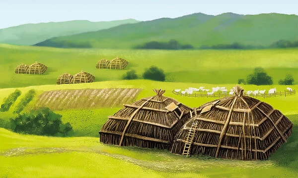 Prehistoric Kazakh farm scene, early agriculture