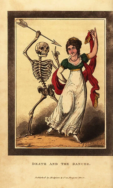 Skeleton of death aiming a dart at a woman dancing