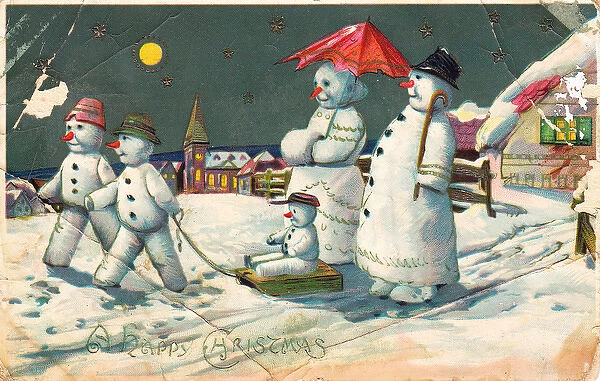 Snowman and family on a Christmas postcard
