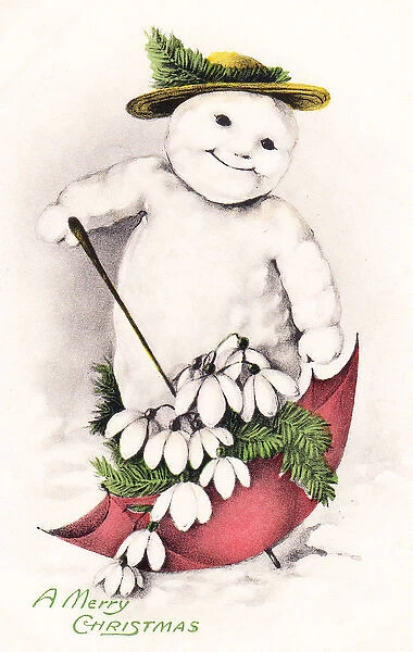 Snowman with umbrella on a Christmas postcard