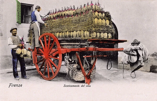 Unloading a cart of wine bottles, Florence, Italy