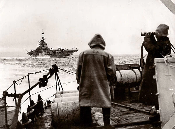 World War II WW2 - destroyer and aircraft carrier at sea