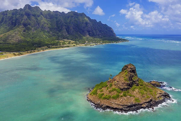 Aerial view by drone of Kaneohe Bay and Mokolii island (Chinamans Hat), Oahu Island