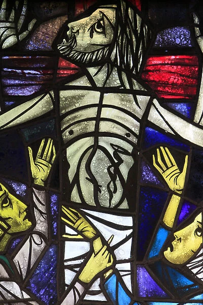 Stained glass window of the Crucifixion of Jesus with Mary and John, St. Petrus and St