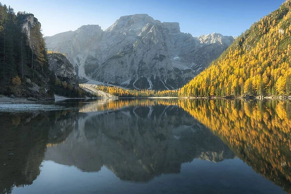 The Braies lake (Pragser Wildsee) during a peaceful autumn morning with mountains and trees reflecting in the lake. Dolomites, Italy