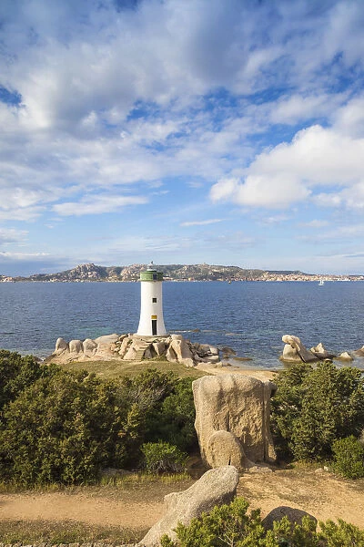 Italy, Sardinia, Sassari Province, Palau, Porto Faro Lighthouse with La Maddalena