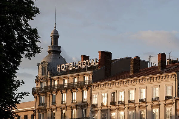 Lyon, France; Sunset on the side of the Royal Hotel in Lyon France