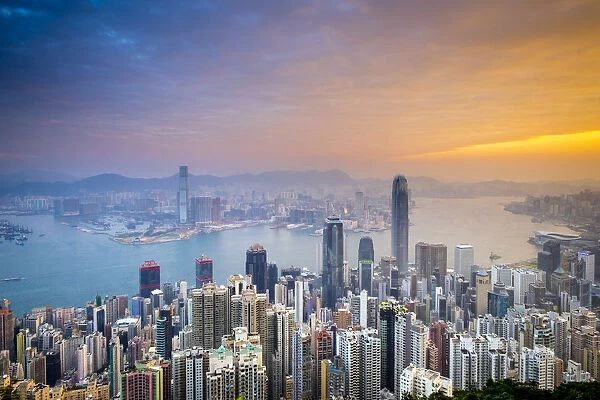 Skyscrapers in central Hong Kong seen from Victoria Peak at sunrise, Hong Kong Island