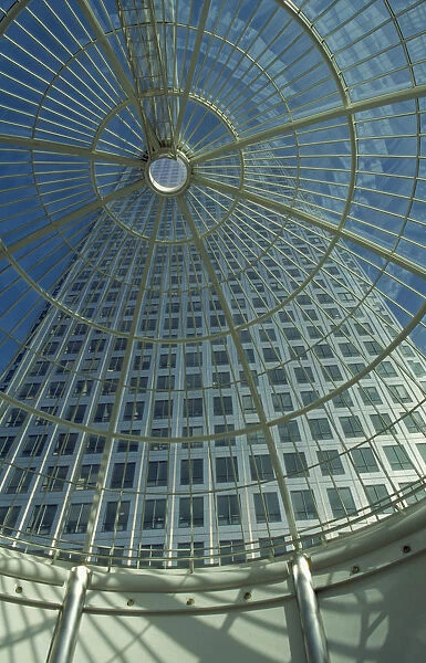 10006133. ENGLAND London Canary Wharf. View looking up through atrium to Canada Tower