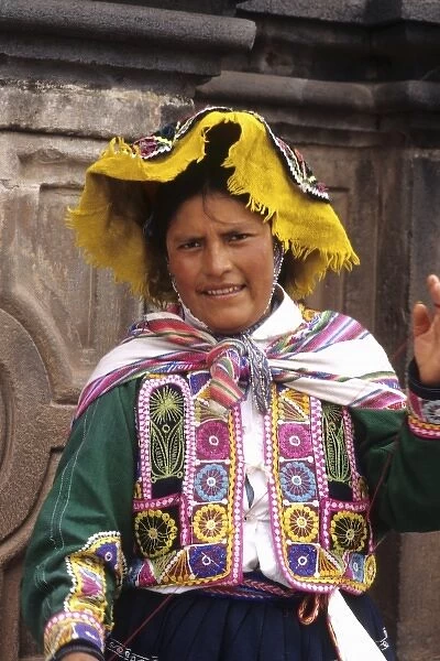 Life in Peru Cuzco in the mountains with native woman and her colorful dress high elevation