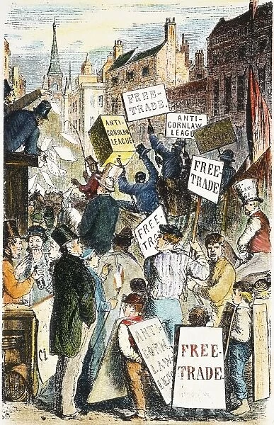 ANTI-CORN LAW LEAGUE, 1840s. An Anti-Corn Law League demonstration in London in the early 1840s: contemporary colored engraving