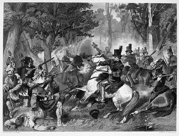 BATTLE OF THE THAMES. Death of Tecumseh at the Battle of the Thames during the War of 1812, 5 October 1813. Steel engraving, American, 1857, after Alonzo Chappel