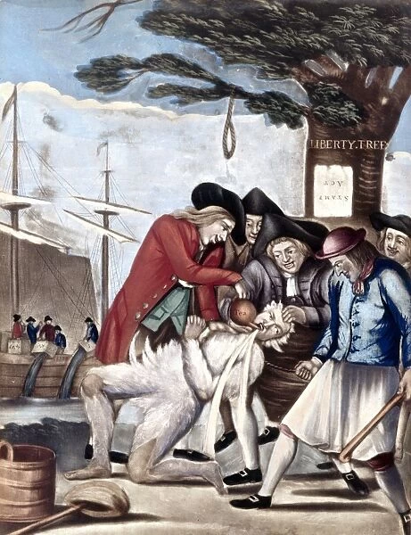 The Bostonians Paying the Excise Man, or Tarring and Feathering. English mezzotint satire attributed to Philip Dawe, 1774, on the treatment given to John Malcom, an unpopular Commissioner of Customs at Boston, Massachusetts