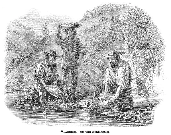 CALIFORNIA GOLD RUSH, 1860. Panning for gold on the Mokelumne River in California. Wood engraving, 1860
