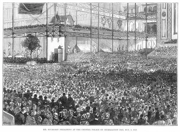 CHARLES HADDON SPURGEON (1834-1892). English Baptist preacher. The 23-year-old Spurgeon preaching at the Crystal Palace in London on Oct. 7, 1857, a day of public religious humiliation occasioned by the Sepoy mutiny in India: line engraving, 19th century