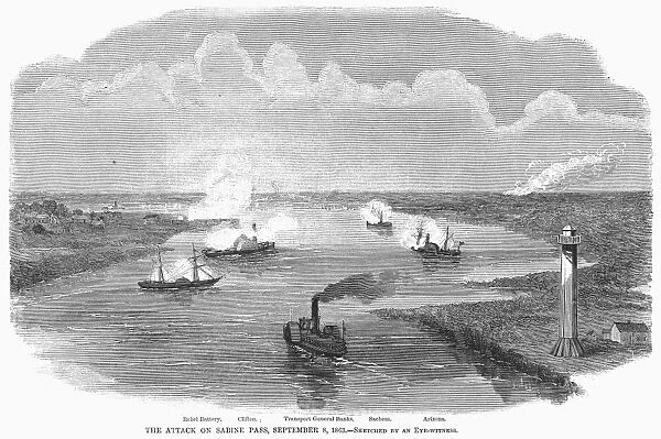 CIVIL WAR: SABINE PASS. Union gunboats unsuccessfully assaulting the Confederate position at Fort Griffin, near the mouth of the Sabine River, Texas, 8 September 1863. Contemporary wood engraving from an American newspaper