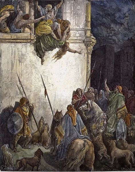 DEATH OF JEZEBEL. The Death of Jezebel (II Kings 9: 33). Wood engraving after Gustave Dor
