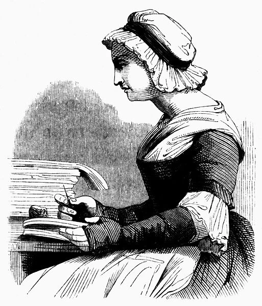 DEBORAH READ FRANKLIN (1708-1774). Wife of Benjamin Franklin, engaged in book-binding. Wood engraving, American, 1848