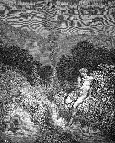 DOR├ë: CAIN & ABEL. Cain and Abel offering their sacrifices (Genesis 4: 2-5). Wood engraving after Gustave Dor