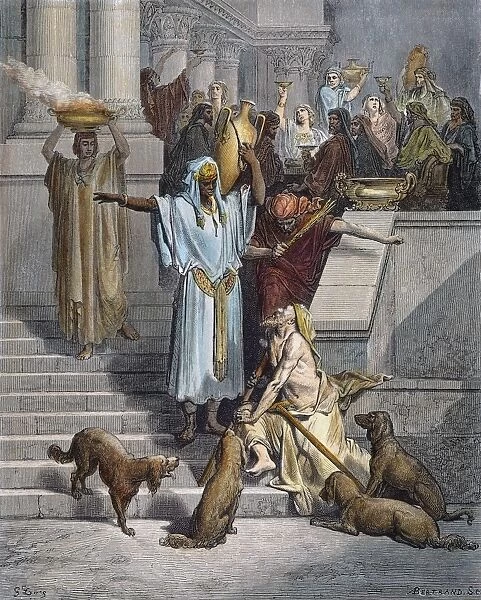 DORE: ST. LAZARUS BEGGING. Saint Lazarus begging at the gate of Dives house (Luke 16: 20-21). Wood engraving, 19th century, after Gustave Dor