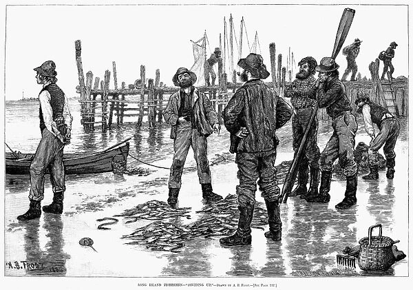 FISHERMEN ON SHORE, 1884. Long Island Fishermen - Dividing Up. Wood engraving, American, after Arthur Burdett Frost, 1884