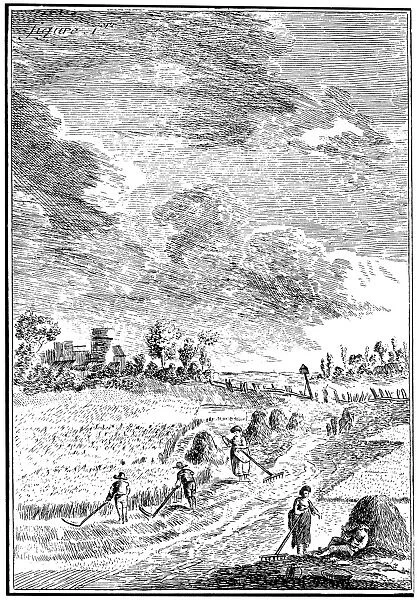 HARVESTING, 18th CENTURY. Scythe men cutting hay which is raked up and stacked in small heaps by women. Line engraving, French, 18th century