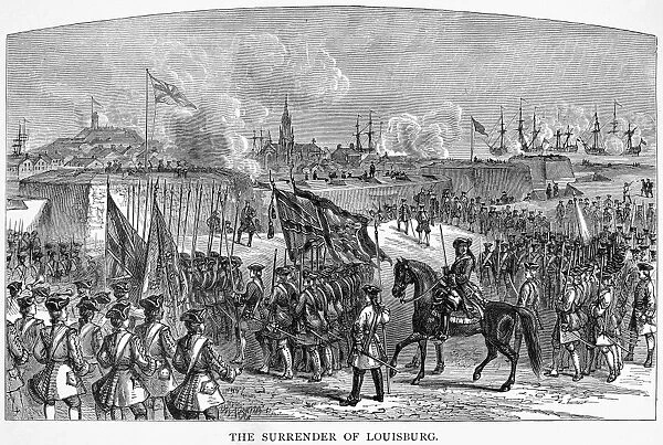 KING GEORGEs WAR, 1745. The surrender of the French fortress of Louisbourg on Cape Breton Island to British forces in 1745. Wood engraving, American, 19th century