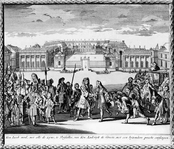LOUIS XIV (1638-1715). King of France, 1643-1715. Louis XIV welcoming the exiled Catholic King James II of England at Versailles, 1689. Contemporary line engraving