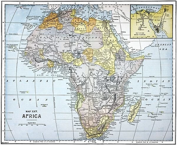 MAP: AFRICA, 19th CENTURY. A late 19th century map of Africa with an insert showing the Suez Canal