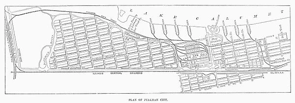 MAP: PULLMAN, c1885. Map of the planned community of Pullman, Illinois, founded by George Pullman in 1885 for workers of his railroad company. Line engraving, 19th century