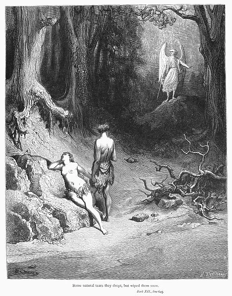 MILTON: PARADISE LOST. Some natural tears they dropt, but wiped them soon. Book XII, line 645, from John Miltons Paradise Lost. Wood engraving after Gustave Dore