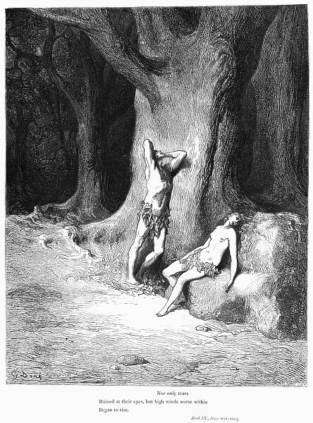 MILTON: PARADISE LOST. Nor only tears rained at their eyes, but high winds worse within began to rise. Book IX, lines 1121-1123, from John Miltons Paradise Lost. Wood engraving after Gustave Dore
