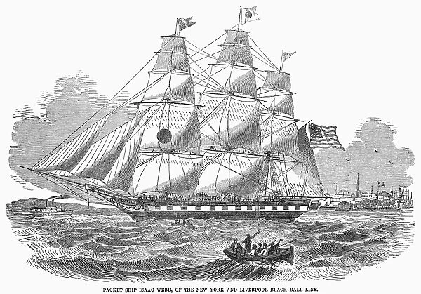 PACKET SHIP, 1850. The American Black Ball Lines packet, Isaac Webb, built 1850, for scheduled mail and passenger service betweeen New York and Liverpool, England, leaving New York Harbor. Contemporary wood engraving