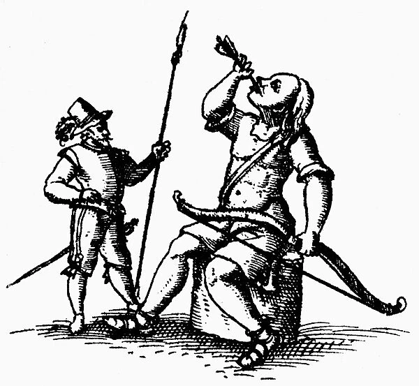 PATAGONIAN GIANT, 1602. A European watches a Patagonian giant swallowing an arrow to cure his stomach ache. Line engraving, 1602