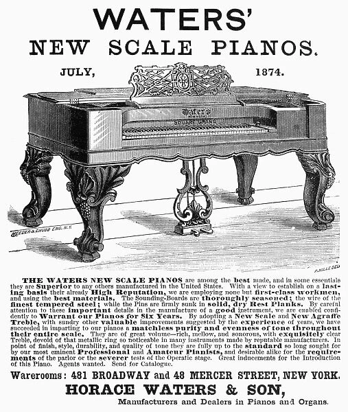 PIANO ADVERTISEMENT, 1874. American newspaper advertisement, 1874, for Horace Waters pianos
