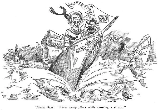 PRESIDENTIAL CAMPAIGN: 1904 Uncle Sam: Never swap pilots while crossing a stream : American cartoon, c1904, showing the Ship of State going at full speed with President Theodore Roosevelt at the wheel, while Democratic candidate Alton Brooks Parker, from his dinghy, tries in vain to attract Uncle Sams attention