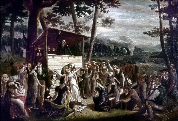 REVIVAL MEETING, 1850. American Christian revival meeting. Oil on panel by Jeremiah Paul