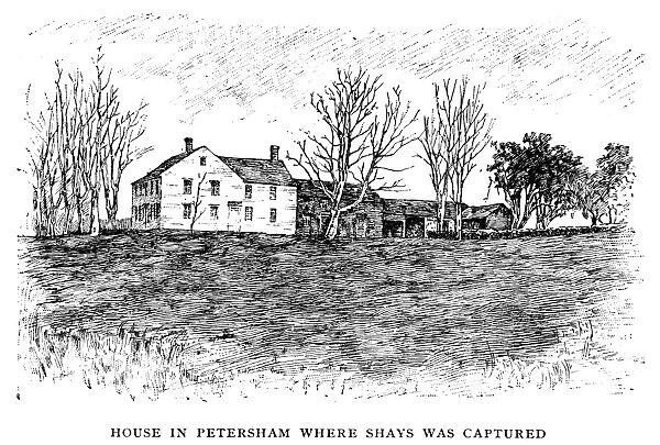 SHAYS REBELLION, 1787. The farm at Petersham, Massachusetts, where Daniel Shays was captured, 4 February 1787. Wood engraving, late 19th century