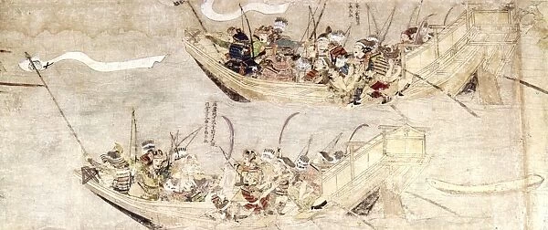 Ships of the Mongol invasion fleet are sunk during a typhoon ( kamikaze ) off the coast of Japan, 1281. Detail from Japanese scroll painting on paper, c1293, attributed to Tosa Nagataka and Tosa Nagaaki