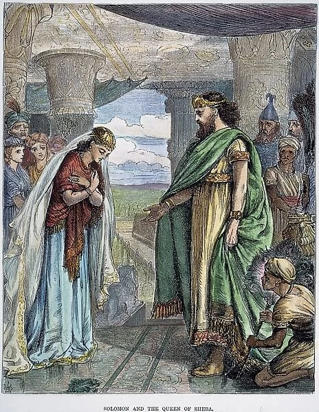 SOLOMON & QUEEN OF SHEBA. Solomon receives the Queen of Sheba. Wood engraving, 19th century