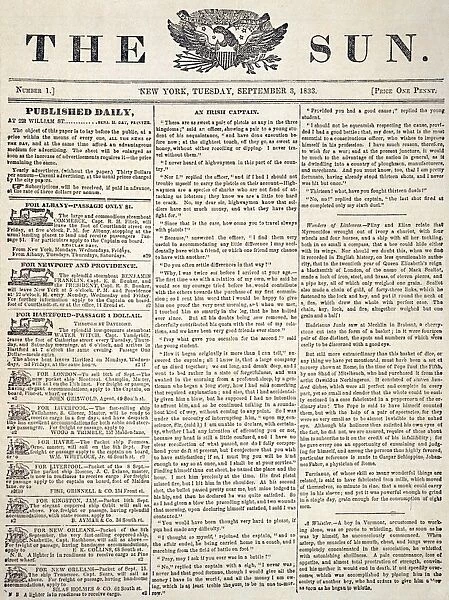 THE SUN, 1833. Front page of the first issue of The Sun newspaper from New York