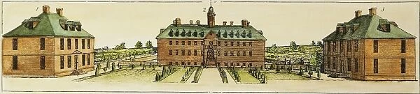 WILLIAM AND MARY COLLEGE. In Williamsburg, Virginia, from the east and from the head of Duke of Gloucester Street. The three buildings, from left to right, are Brafferton Hall, the Wren Buildling, and the Presidents House: colored engraving, c1740