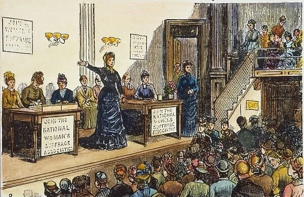 WOMENs RIGHTS, 1870s. A meeting of the National Womens Suffrage Association in the 1870s with Susan B. Anthony and Elizabeth Cady Stanton on the platform. Contemporary colored engraving